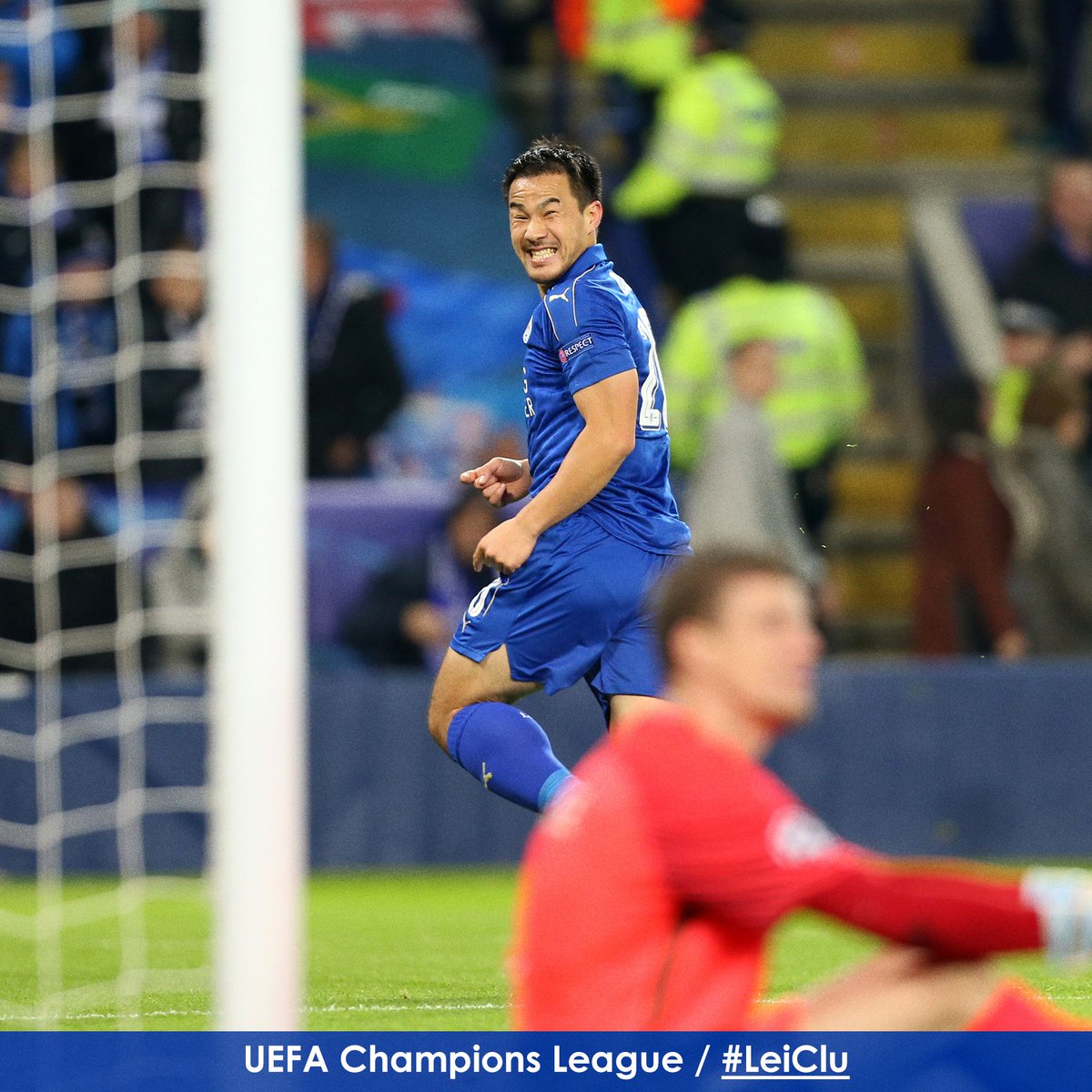 Shinji Okazaki celebrates after breaking the deadlock at Leicester City Stadium