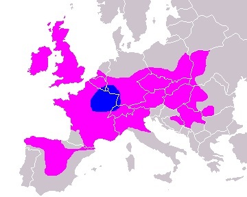 ケルト人の分布（ヨーロッパ中心部が紀元前1500年から紀元前1000年、それ以外の部分が紀元前400年）