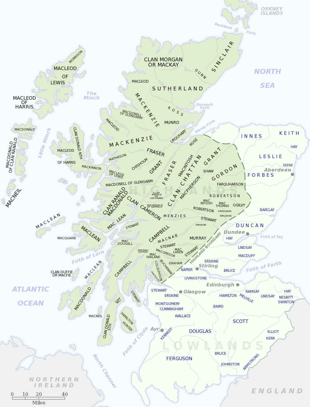 スコットランドの氏族分布地図（クリックで拡大）。緑の地域がハイランド、薄緑色がローランド